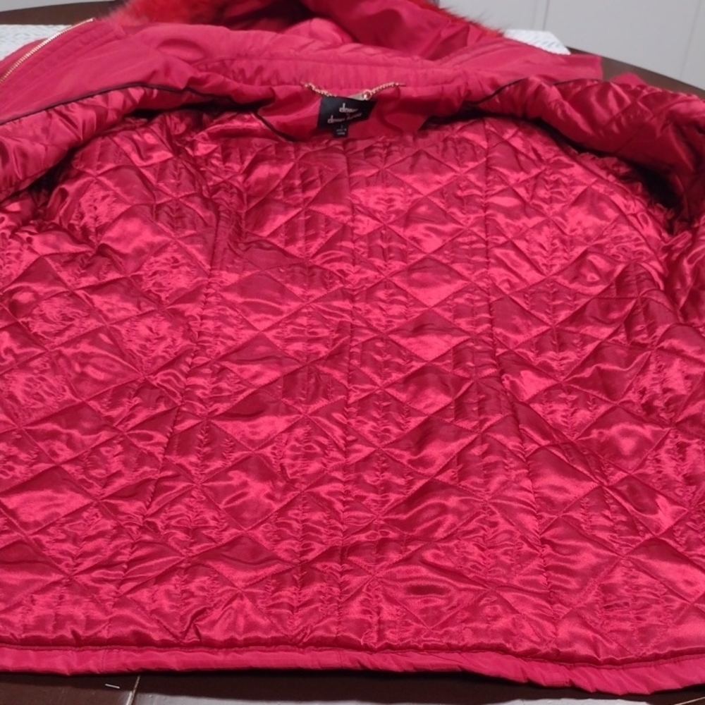 Dennis Basso Red Hooded Puffer Coat with Fur Trim - Picture 15 of 16